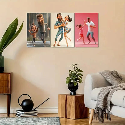 3pcs Cute Illustration Dad & Youngsters Metal Print Ready to Hang Art - Bella Home Decor