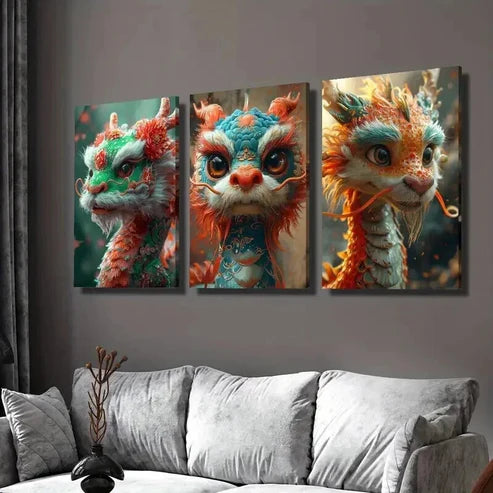 3pcs Cute Cartoon Happy New Year Dragon Wall Art Set Canvas Unframed - High Quality Print 100% Australian Made Wall Canvas - Bella Home Decor