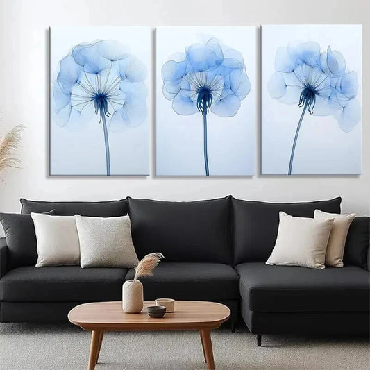 3pcs Soft and Elegant Flower Blue Floral Perfect Wall Art Set Canvas Framed 50x70cm - High Quality Print 100% Australian Made Wall Canvas Ready to Hang