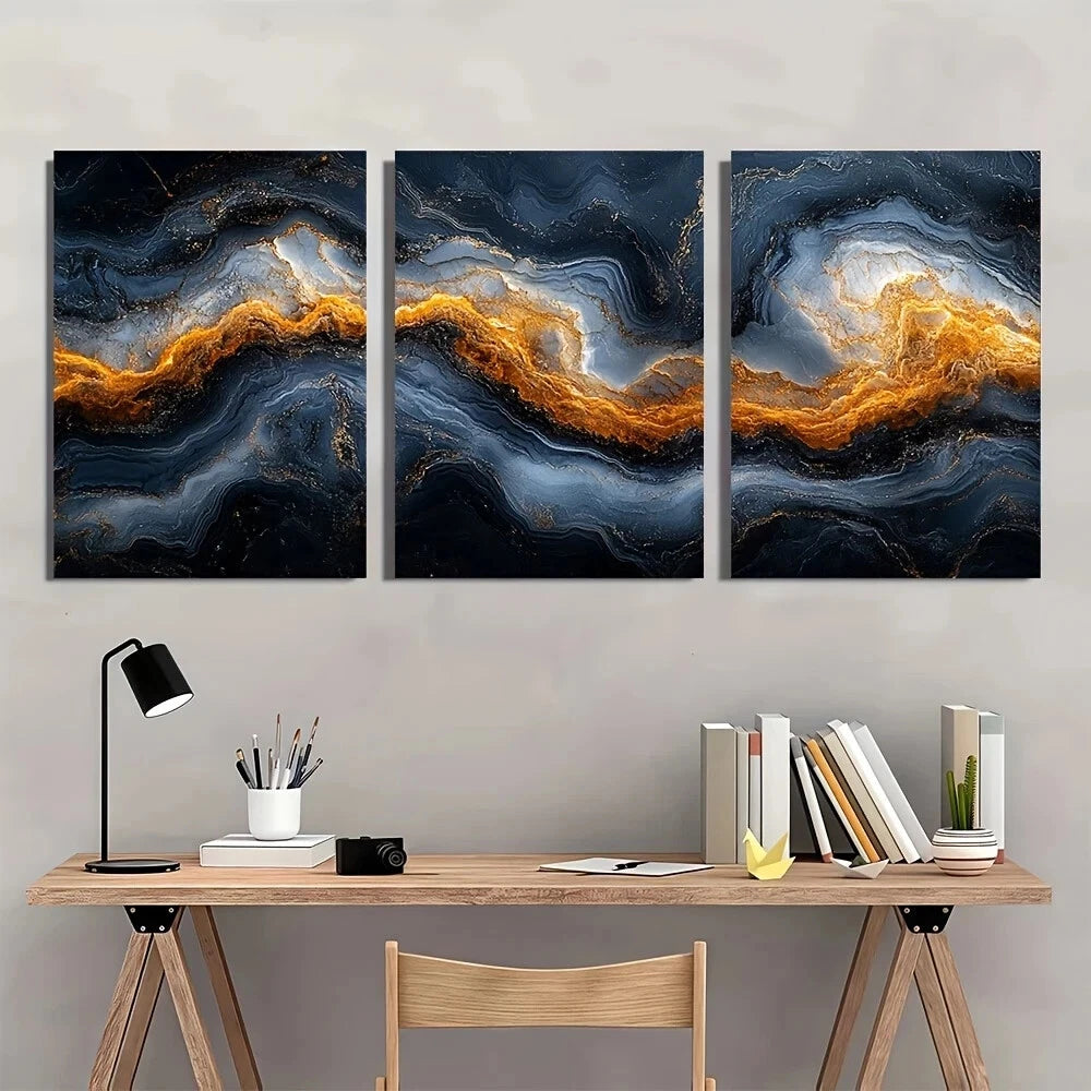 3pcs Silvery Marble Golden Gray Metal Print Ready to Hang Art - Bella Home Decor
