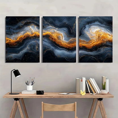 3pcs Silvery Marble Golden Gray Metal Print Ready to Hang Art - Bella Home Decor