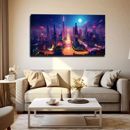 Modern City Under The Night Wall Art Canvas Office Home Room Framed 120x60cm