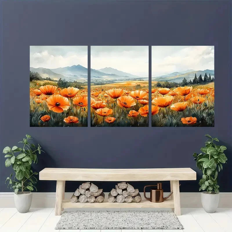 3pcs Orange Poppy Wildflower Watercolor Metal Print Ready to Hang Art - Bella Home Decor