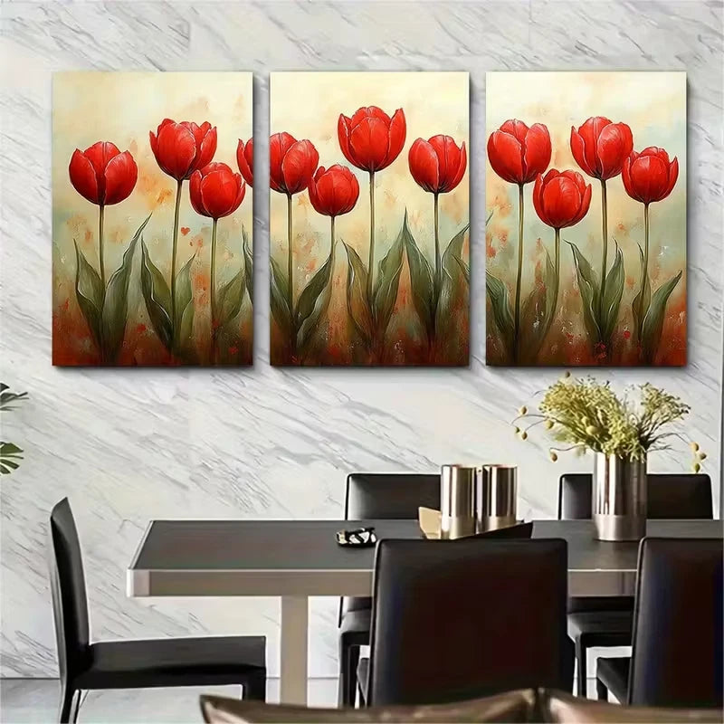 3pcs Blooming Red Tulips Watercolour Metal Print Ready to Hang Art - Bella Home Decor
