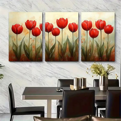 3pcs Blooming Red Tulips Watercolour Metal Print Ready to Hang Art - Bella Home Decor