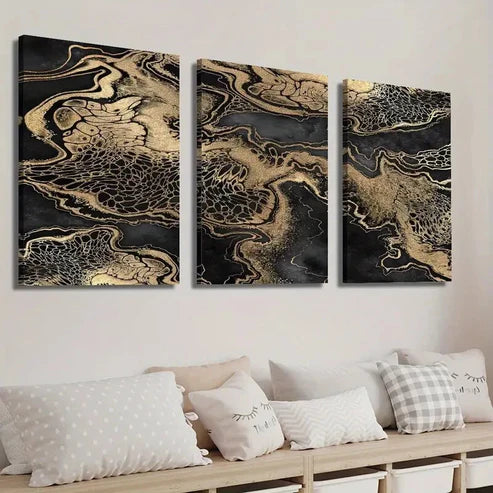 3pcs Abstract Black And Golden Fluid Decor Wall Art Set Canvas Unframed - High Quality Print 100% Australian Made Wall Canvas - Bella Home Decor