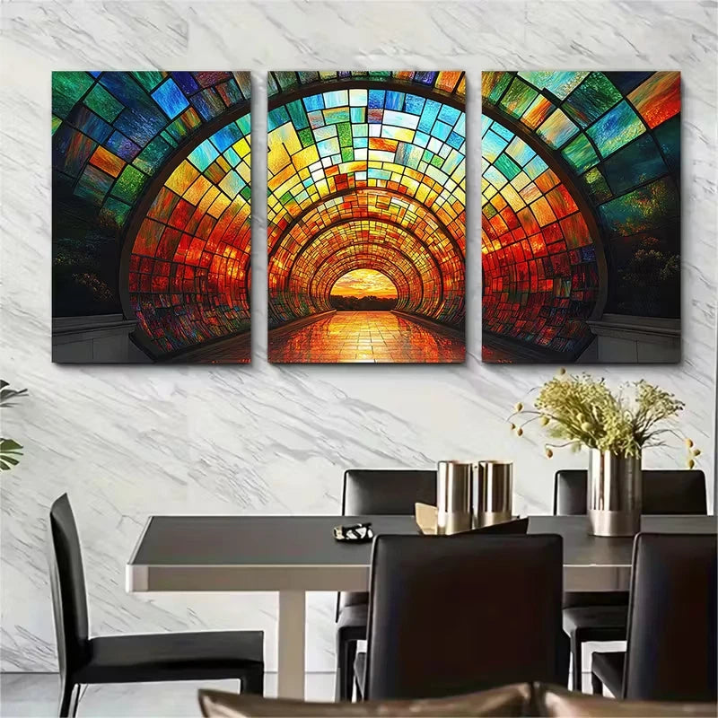 3pcs Stained Glass Domed Roof Print Metal Print Ready to Hang Art