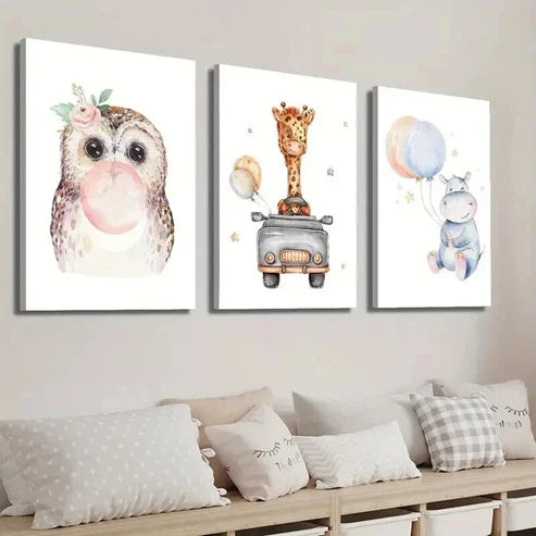 3pcs Cute Owl Car Giraffe and Balloon Hippo Wall Art Set Canvas Unframed - High Quality Print 100% Australian Made Wall Canvas - Bella Home Decor
