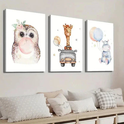 3pcs Cute Owl Car Giraffe and Balloon Hippo Wall Art Set Canvas Unframed - High Quality Print 100% Australian Made Wall Canvas - Bella Home Decor