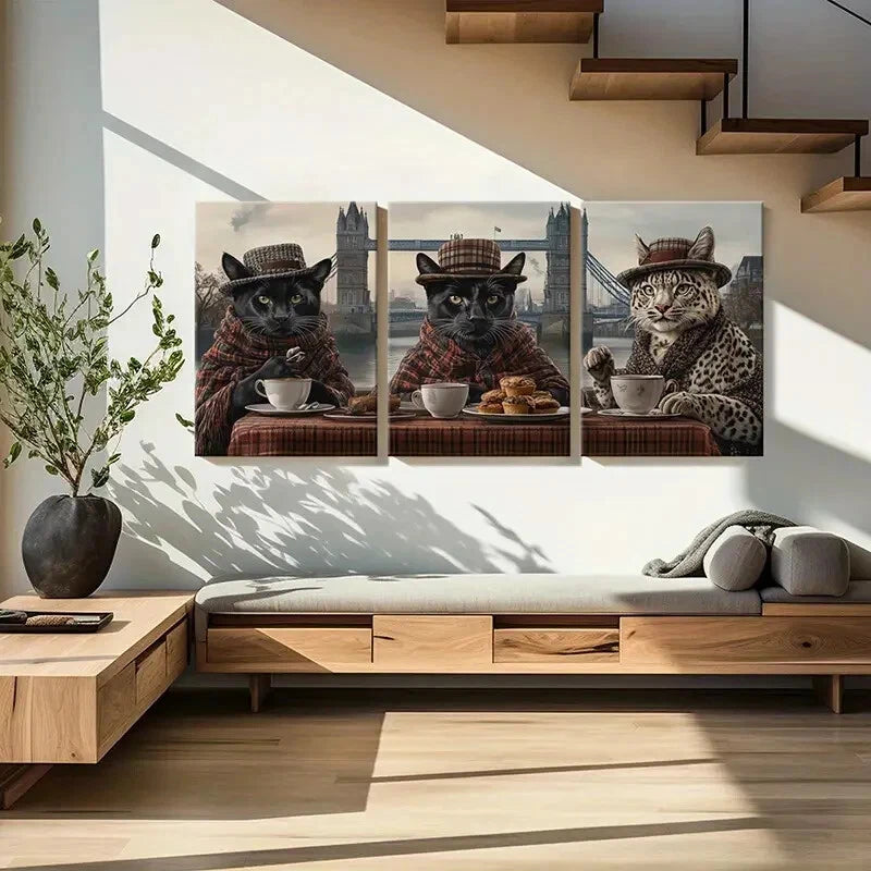 3pcs Fashionable Cats with London Bridge Metal Print Ready to Hang Art - Bella Home Decor