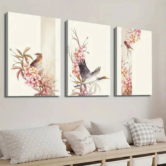 3pcs Bird and Botanical Flower Illustration Wall Art Set Canvas Framed 60x90cm - High Quality Print 100% Australian Made Wall Canvas Ready to Hang