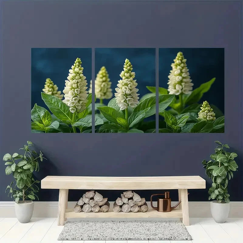 3pcs White Basil Flower Elegant Floral Spires Art Metal Print Ready to Hang Art - Bella Home Decor
