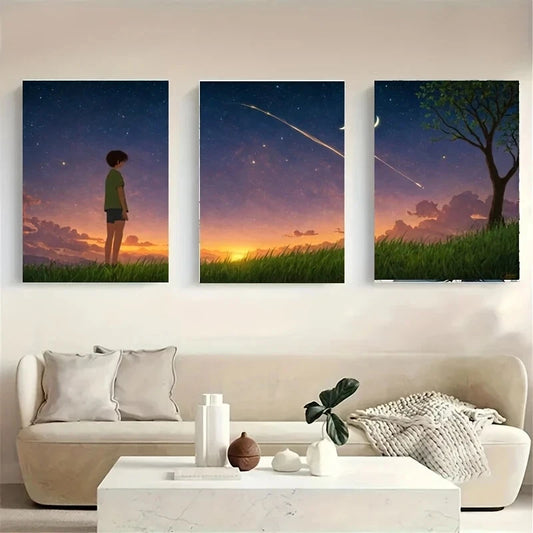 3pcs A Boy Standing on a Grassy Hill Metal Print Ready to Hang Art