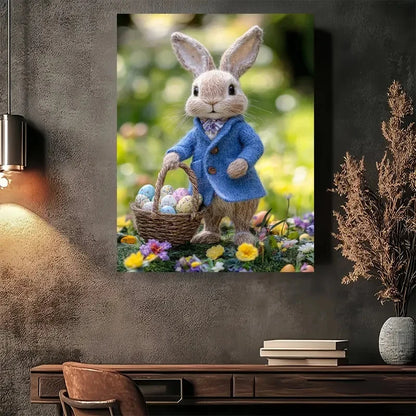 Beautiful Spring Bunny In Blue Coat Painting 40x60cm Metal Print Ready to Hang - Bella Home Decor