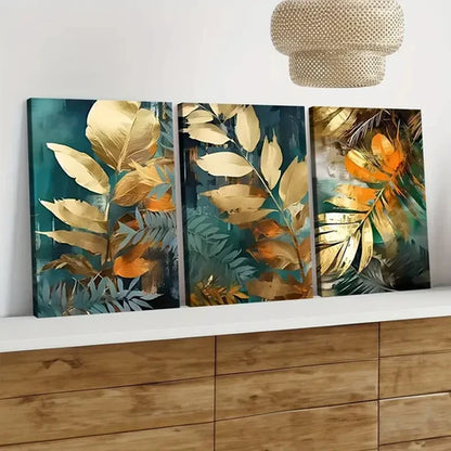 3pcs Modern Art Natural Plant Leaf Golden Leaves Wall Art Set Canvas Unframed - High Quality Print 100% Australian Made Wall Canvas