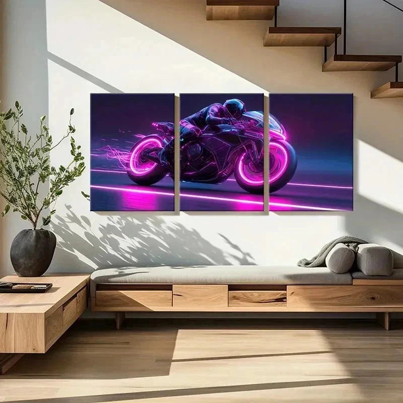3pcs Cyberpunk Motorcycle Neon Pink & Purple Wall Art Set Canvas Framed 40x60cm - High Quality Print 100% Australian Made Wall Canvas Ready to Hang - Bella Home Decor