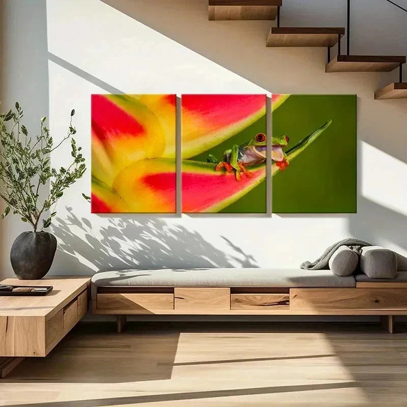 3pcs Tree Frog Lying On Flower Petal Wall Art Set Canvas Framed 50x70cm - High Quality Print 100% Australian Made Wall Canvas Ready to Hang - Bella Home Decor