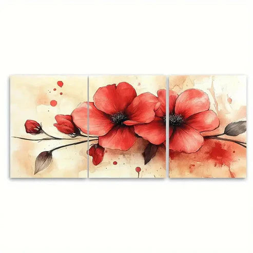 3pcs Elegant Blooming Red Floral Watercolor  Wall Art Set Canvas Unframed - High Quality Print 100% Australian Made Wall Canvas
