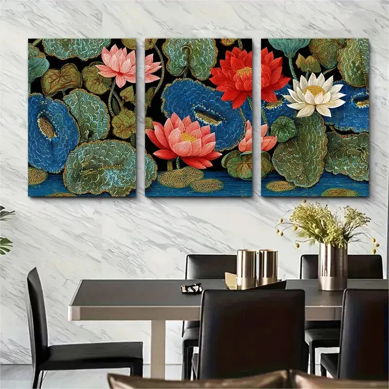 3pcs Vintage India Floral Panchway Perfect Wall Art Set Canvas Framed 40x60cm - High Quality Print 100% Australian Made Wall Canvas Ready to Hang