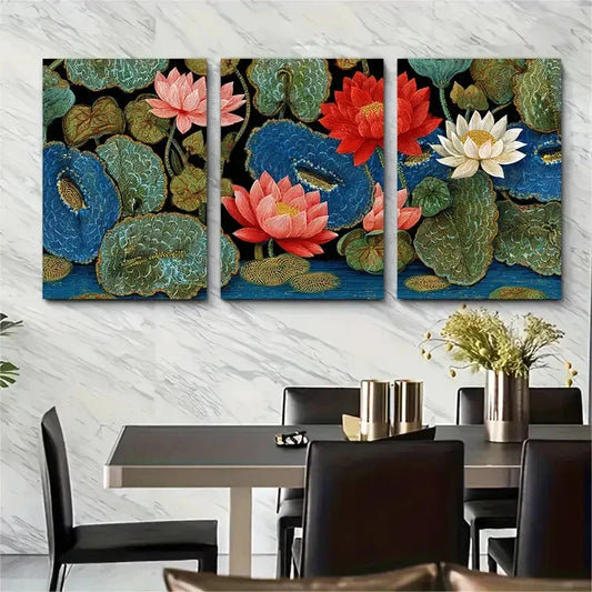 3pcs Vintage India Floral Panchway Perfect Wall Art Set Canvas Framed 40x60cm - High Quality Print 100% Australian Made Wall Canvas Ready to Hang