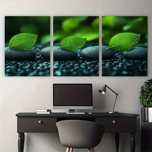 3pcs Tranquil Green Leaves and Zen Stones Spa Metal Print Ready to Hang Art