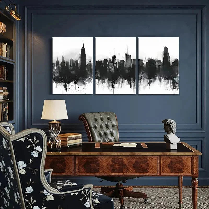 3pcs Cityscape Art Black White Urban Skyline Metal Print Ready to Hang Art - Bella Home Decor