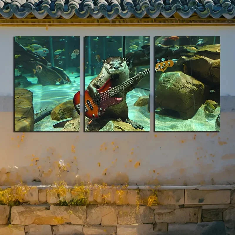 3pcs Otter Playing Guitar with Fish Metal Print Ready to Hang Art - Bella Home Decor