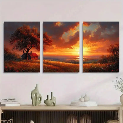 3pcs Rustic Sunset Featuring Cabin & Hilltops Wall Art Set Canvas Framed 60x90cm - High Quality Print 100% Australian Made Wall Canvas Ready to Hang - Bella Home Decor