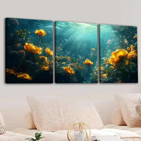 3pcs Beautiful Sea Flowers And Fish Blue Water Wall Art Set Canvas Unframed - High Quality Print 100% Australian Made Wall Canvas - Bella Home Decor
