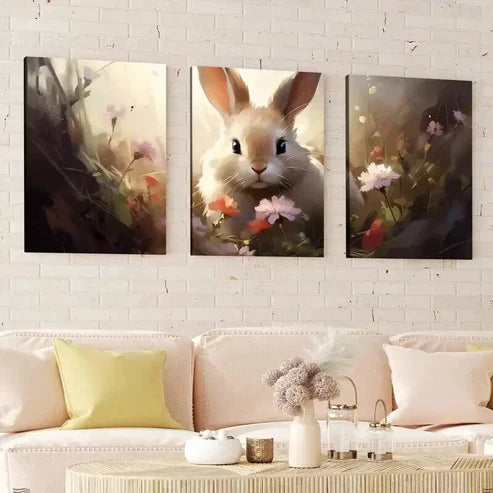 3pcs Abstract Cute Bunny Flowers Brown Rabbit Wall Art Canvas Unframed - High Quality Print 100% Australian Made Wall Canvas - Bella Home Decor