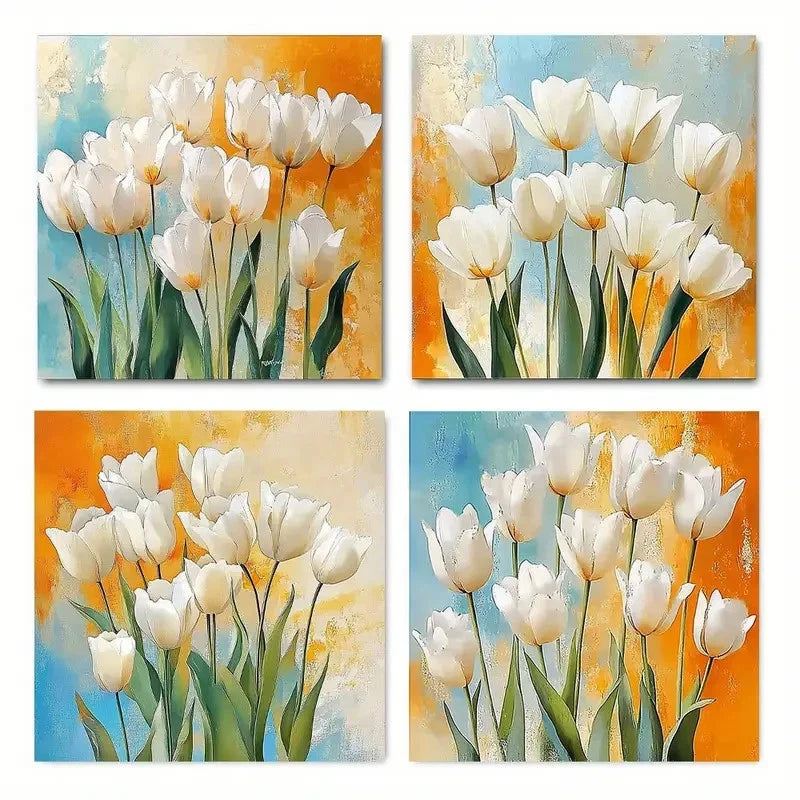 4pcs  Elegant White Tulip Art Deco Wall Art Canvas Framed