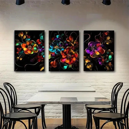 3pcs Colorful Blooming Flowers on Black Perfect Wall Art Canvas Unframed - High Quality Print 100% Australian Made Wall Canvas - Bella Home Decor