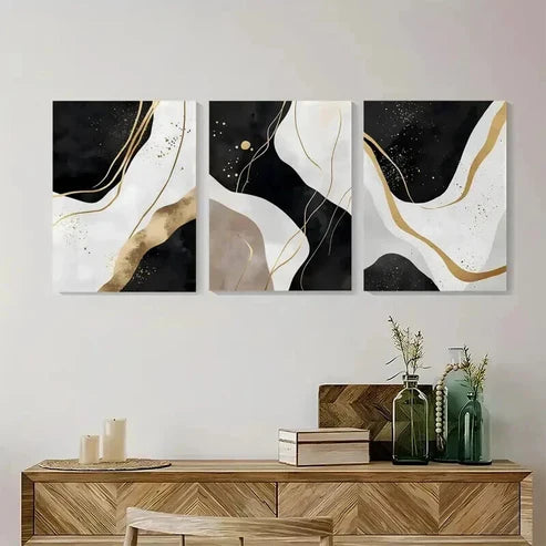 3pcs Black White Golden Abstract  Wall Art Set Canvas Unframed - High Quality Print 100% Australian Made Wall Canvas - Bella Home Decor