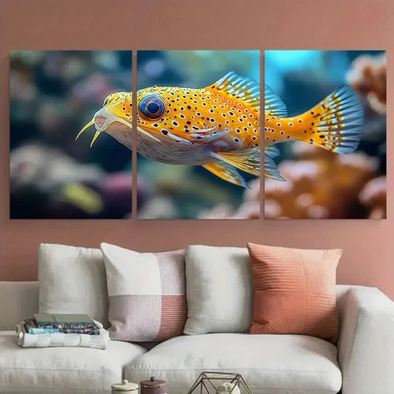 3pcs Vibrant Yellow Spotted Pufferfish Marine Life Metal Print Ready to Hang Art - Bella Home Decor