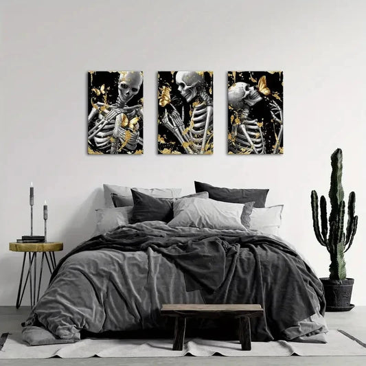 3pcs Black & Golden Human Skeleton Metal Print Ready to Hang Art