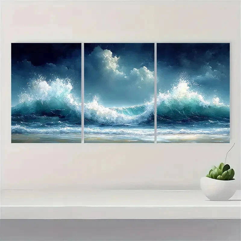 3pcs Stormy Ocean Seascape Watercolor Waves Metal Print Ready to Hang Art - Bella Home Decor
