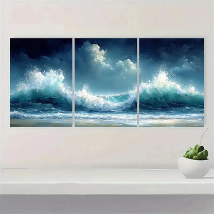 3pcs Stormy Ocean Seascape Watercolor Waves Metal Print Ready to Hang Art - Bella Home Decor