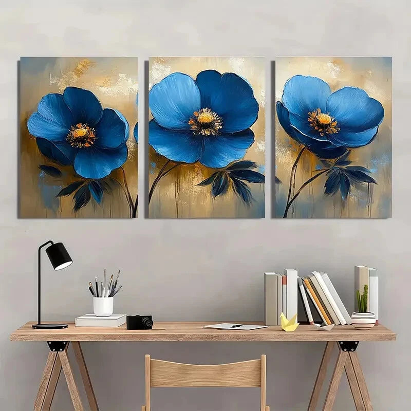 3pcs Abstract Blue Floral Flower Oil Painting Metal Print Ready to Hang Art - Bella Home Decor