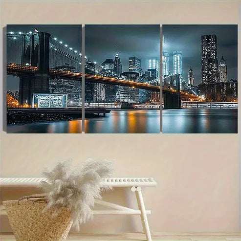 3pcs New York City Bridge Night Photograph Wall Art Canvas Unframed - High Quality Print 100% Australian Made Wall Canvas - Bella Home Decor