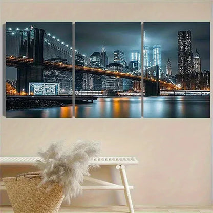 3pcs New York City Bridge Night Photograph Wall Art Canvas Unframed - High Quality Print 100% Australian Made Wall Canvas - Bella Home Decor