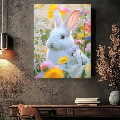 Beautiful Bunny In Flowers Modern Painting 40x60cm Metal Print Ready to Hang - Bella Home Decor