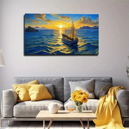 Vibrant Boat & Ocean Scene Wall Art Canvas Office Home Room Framed 120x60cm
