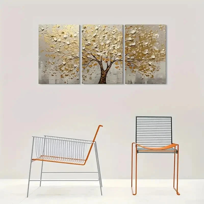 3pcs Abstract Tree Golden Leaf Painting Metal Print Ready to Hang Art - Bella Home Decor