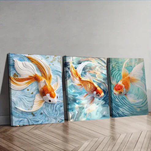3pcs Set Golden Koi Fish Colorful Orange Perfect Wall Wall Art Set Canvas Unframed - High Quality Print 100% Australian Made Wall Canvas