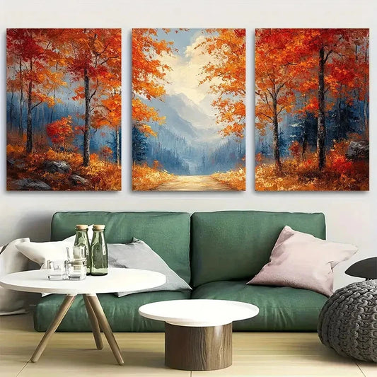 3pcs Autumn Foliage Pathway Countryside Scene Metal Print Ready to Hang Art