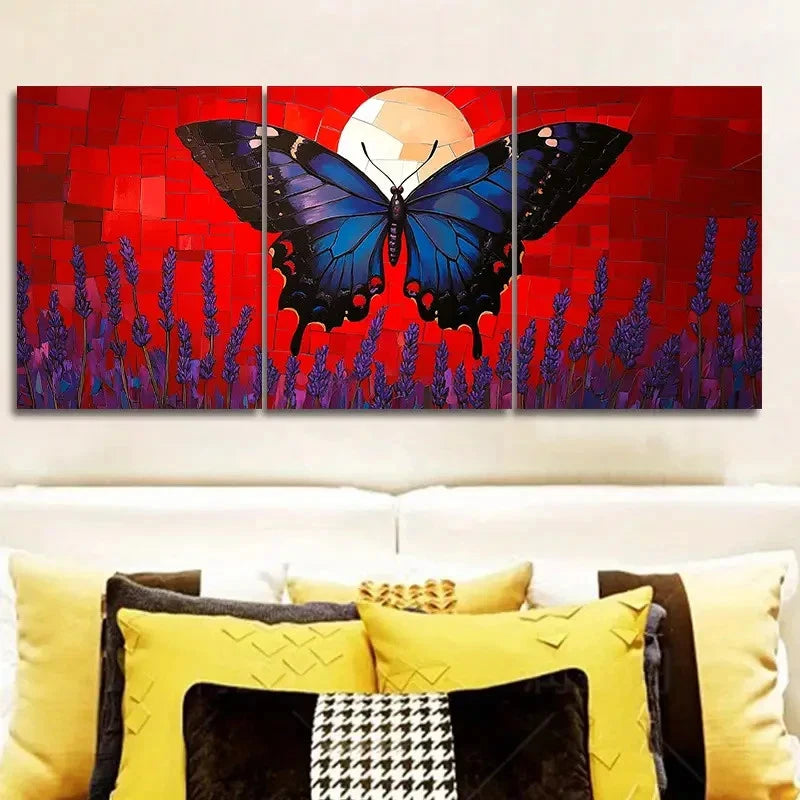 3pcs Blue Butterfly Over Lavender At Sunset Art Wall Art Set Canvas Framed 50x70cm - High Quality Print 100% Australian Made Wall Canvas Ready to Hang - Bella Home Decor