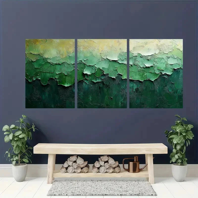 3pcs Green and Gray Abstract Wall Paintings Metal Print Ready to Hang Art - Bella Home Decor