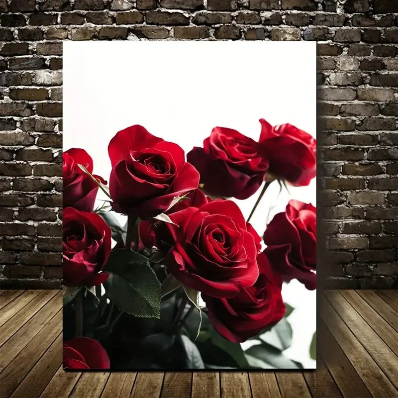 Vibrant Red Roses with Green Leaves Painting 40x60cm Metal Print Ready to Hang - Bella Home Decor