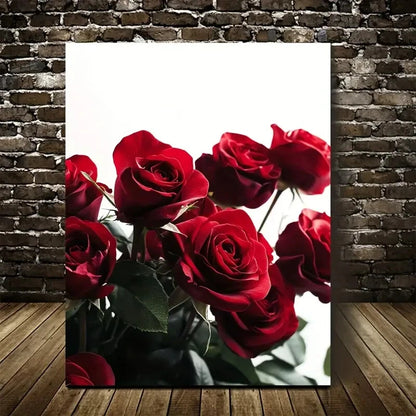 Vibrant Red Roses with Green Leaves Painting 40x60cm Metal Print Ready to Hang - Bella Home Decor