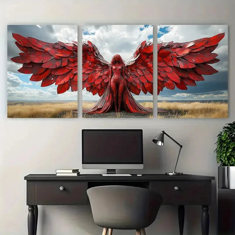 3pcs Sun Kissed Red Iron Angel of the North Wall Art Set Canvas Framed 60x90cm - High Quality Print 100% Australian Made Wall Canvas Ready to Hang